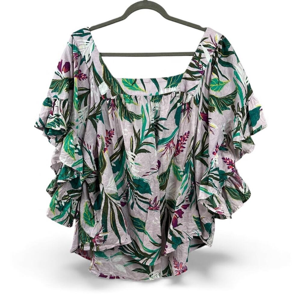 Terra & Sky Tropical Blouse Size 1X Ruffle Sleeve Relaxed Beach Resortwear
